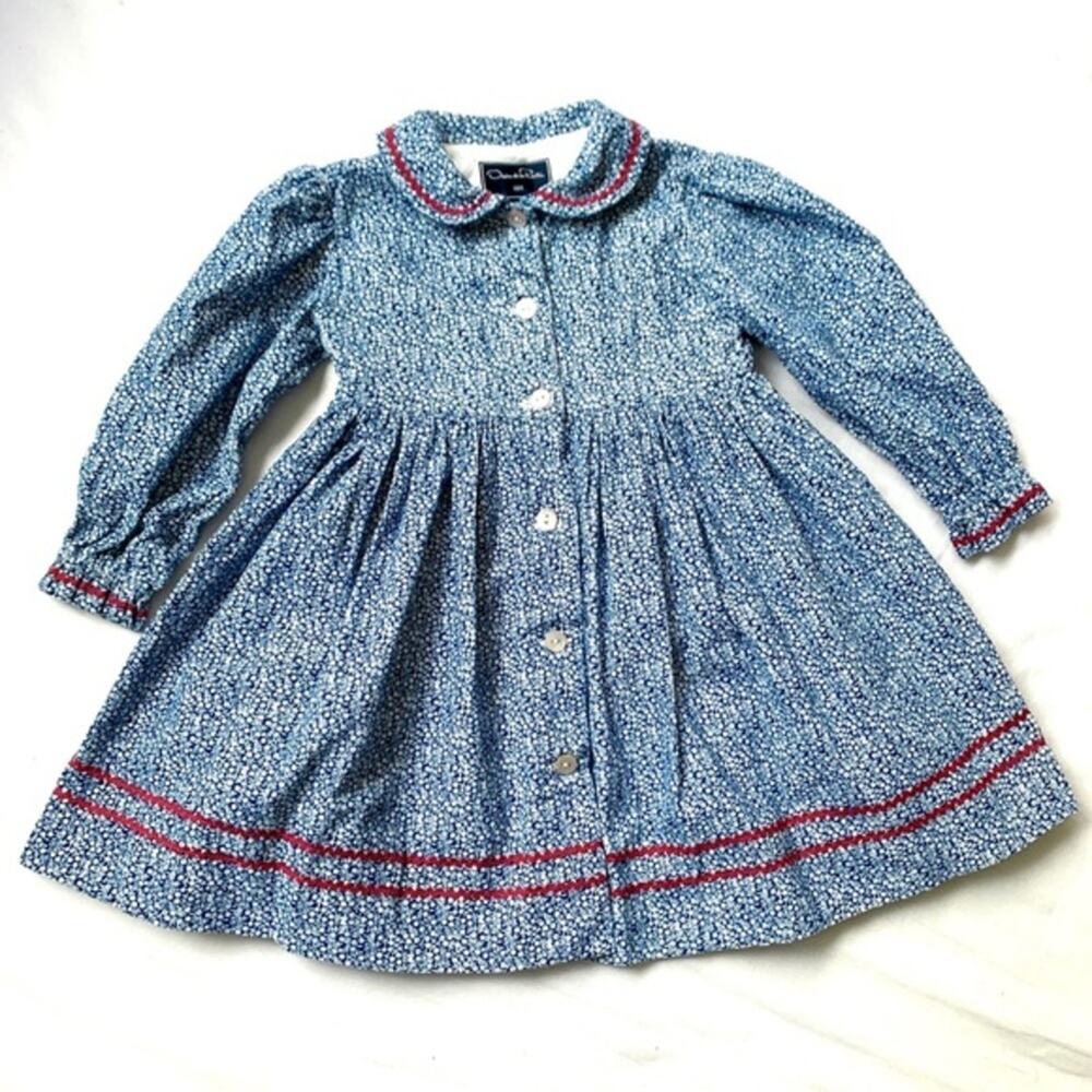 OSCAR DE LA‎ RENTA Girls Corduroy Floral Dress Size 18M Light Blue Red Collard - Picture 2 of 8